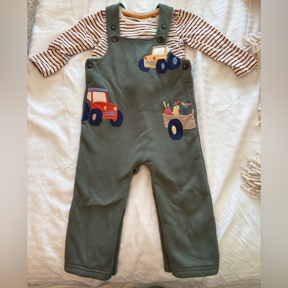 2 piece Toddler Green Overalls with Tractor Design and Striped Shirt